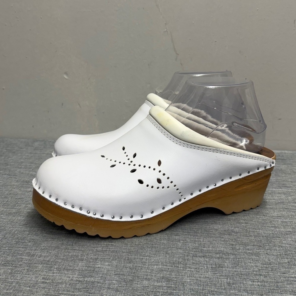 Troentorp Clogs Women 39 White Leather DaVinci Perforated Wood Mules Swedish T64